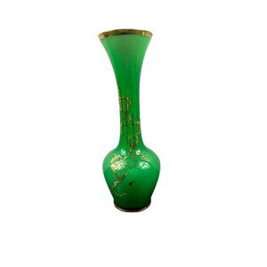 VTG Emerald Green Glass Vase 8” Gold Gilt Floral Art Nouveau Hollywood Regency